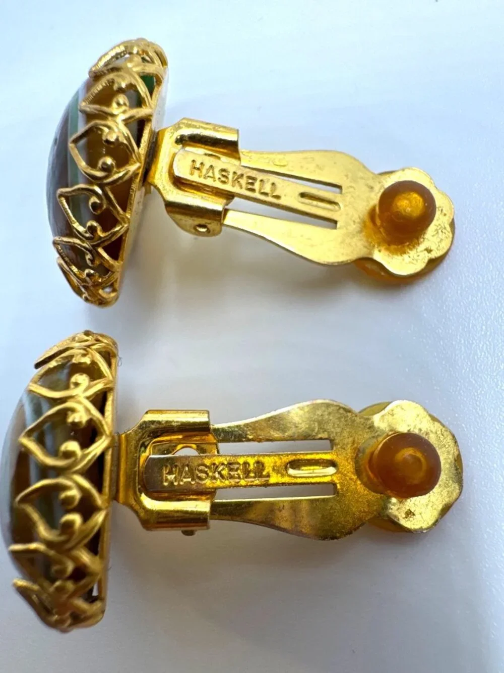 Vintage Miriam Haskell Art Glass Clip-On Earrings Gold Tone Filigree Collectible